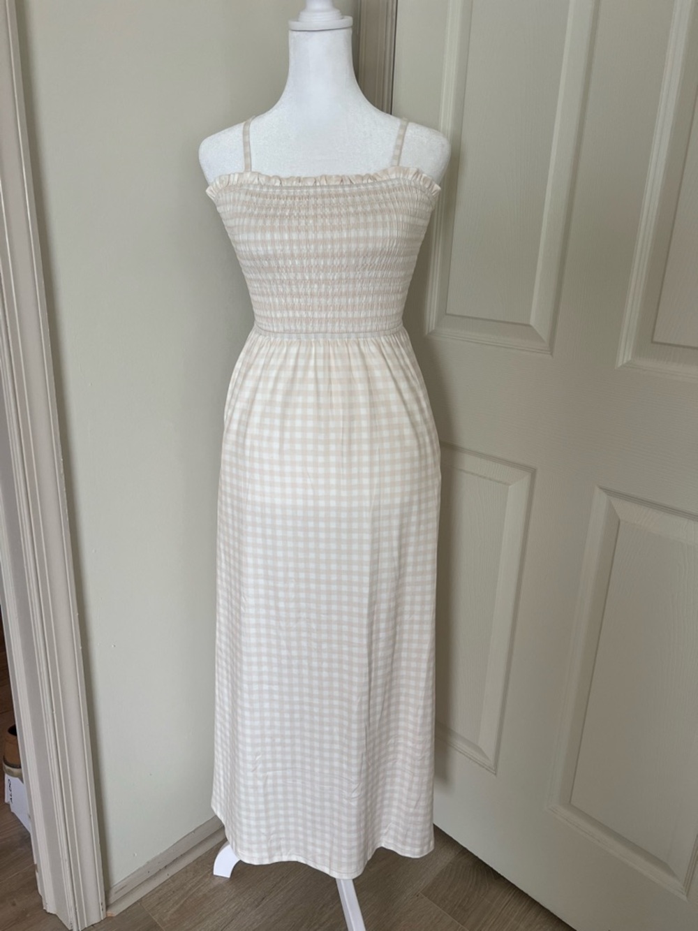 Cream Gingham Smocked Maxi Dress with Adjustable Straps